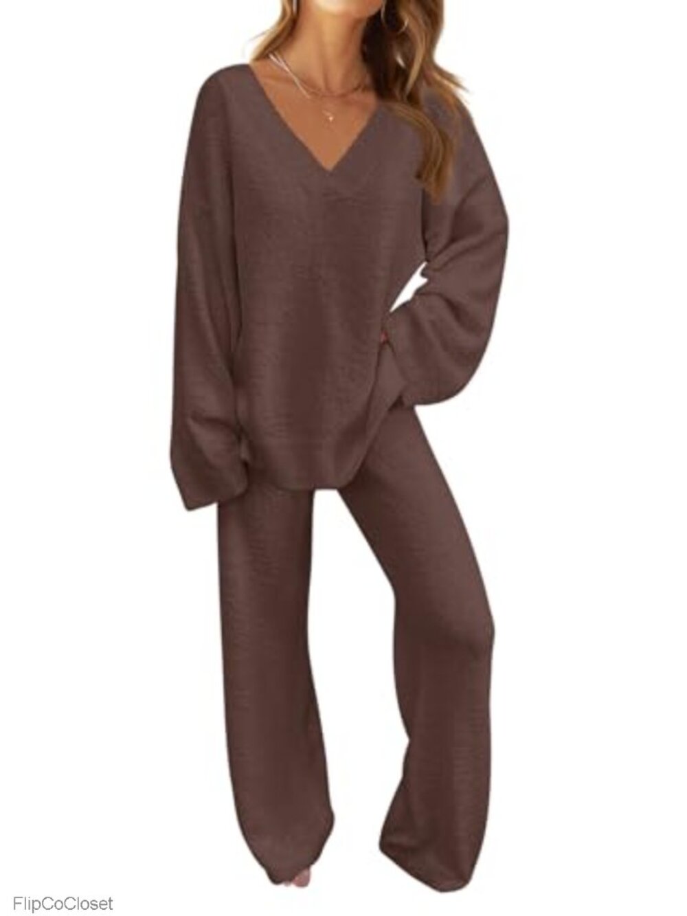 Fleece 2 Piece Pajama Lounge Set V-Neck Wide-Leg Pants